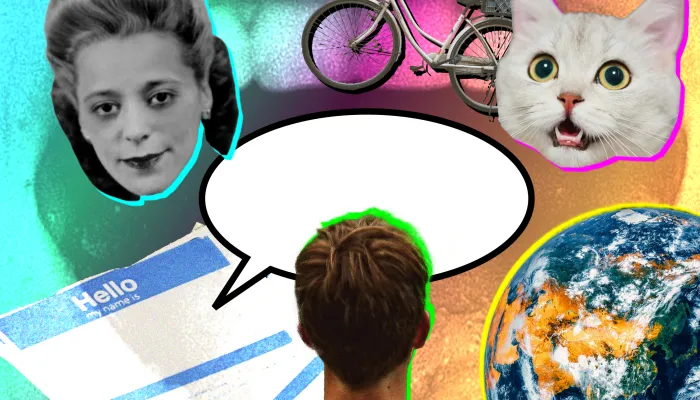 collage image featuring a mouth, speech bubble, name tag, surrounded by people, animals, and objects