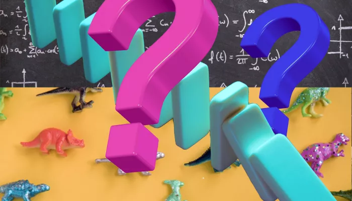 large question marks and dominos over a board with math