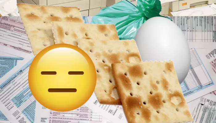 Picture of taxes, saltines, files, and a boiled egg.