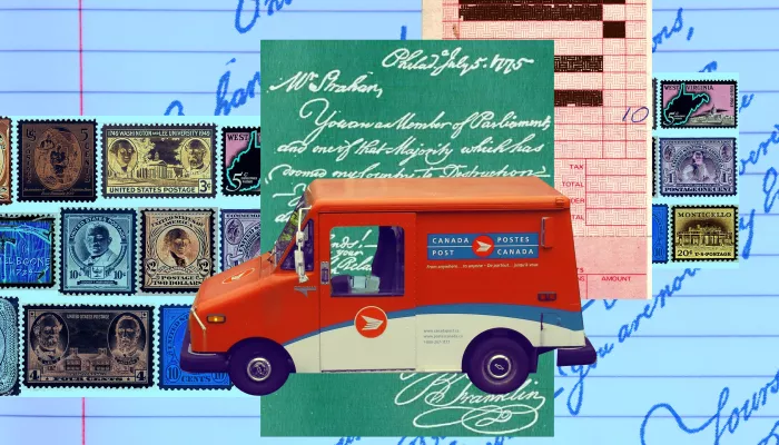 a mail truck, letters, and stamps