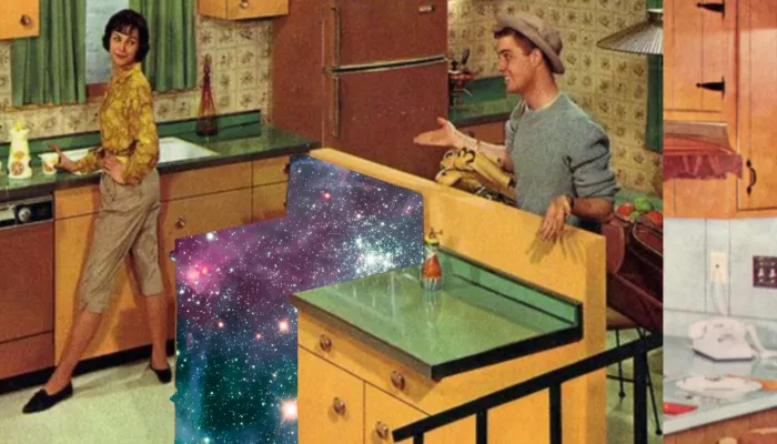 A domestic scene wherein the oven becomes a part of outerspace