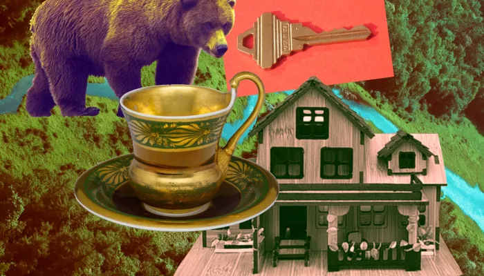Picture of a bear, a key, a cup, and a house in a collage style