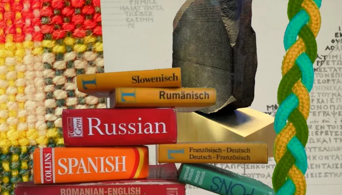 Picture of dictionaries from different languages stacked together
