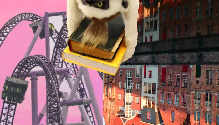 Picture of upside down houses and a lemur hanging upside down