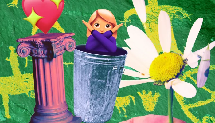 a negative emoji in a garbage can with a daisy and a heart