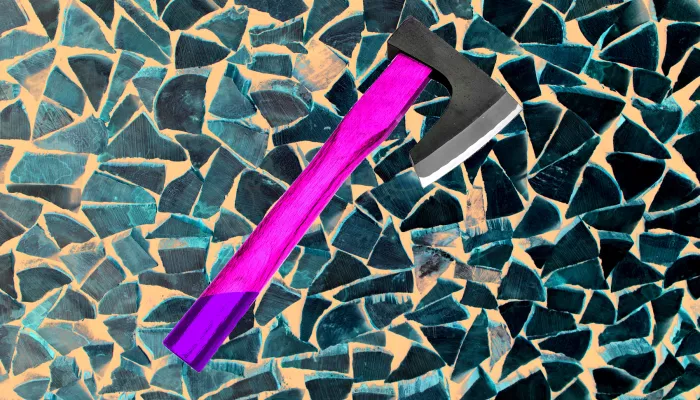 a hatchet over broken glass