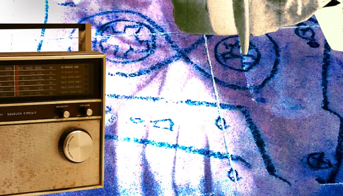 a collage with a radio and a ghost