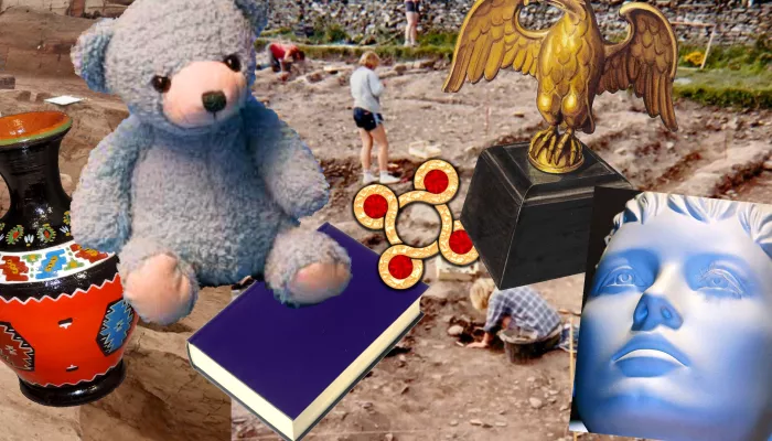 an excavation site uncovering a teddy bear, trophy, journal and more