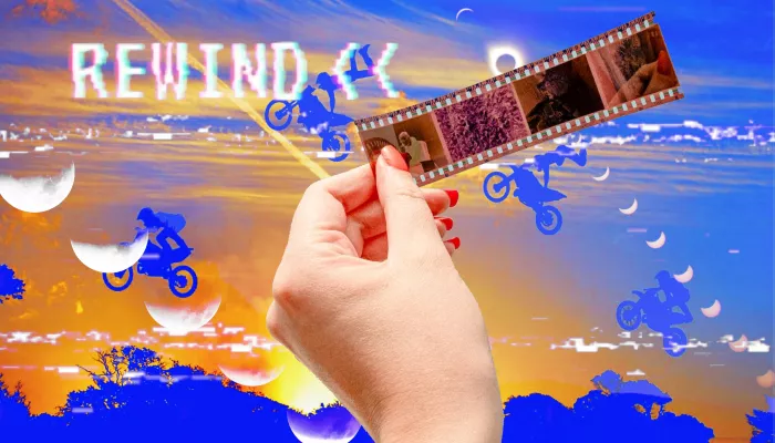 text reads rewind and a person holds up an undeveloped film strip