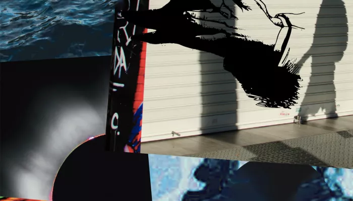 a collage of shadows and eyes