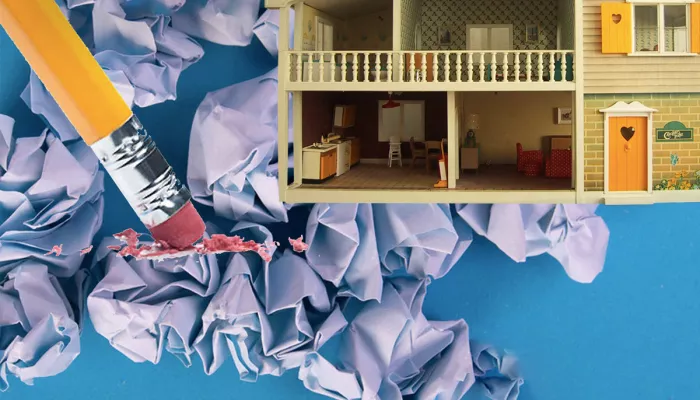 a collage of a house and crumpled paper